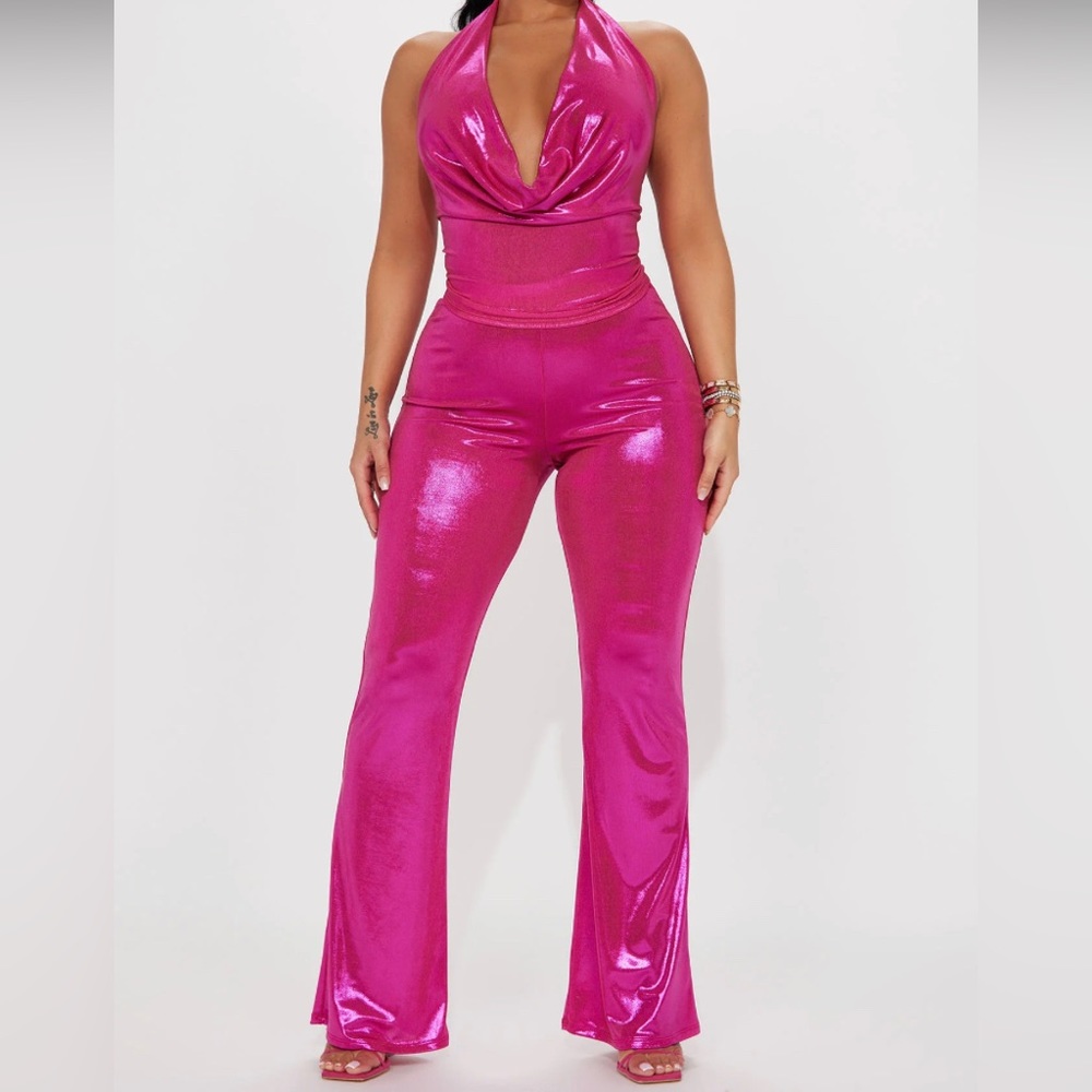 2 Pc Metallic Pant Set- Fuchsia